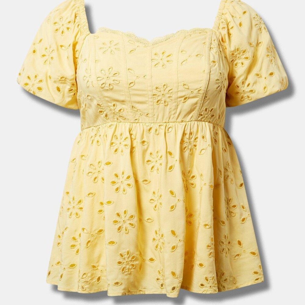 Pale Yellow Babydoll Eyelet Blouse - Torrid NWT